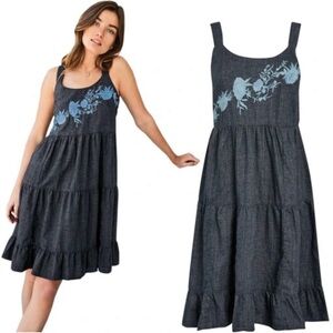 Linen “Denim color” Summer Dress with Blue Embroidery, size 10